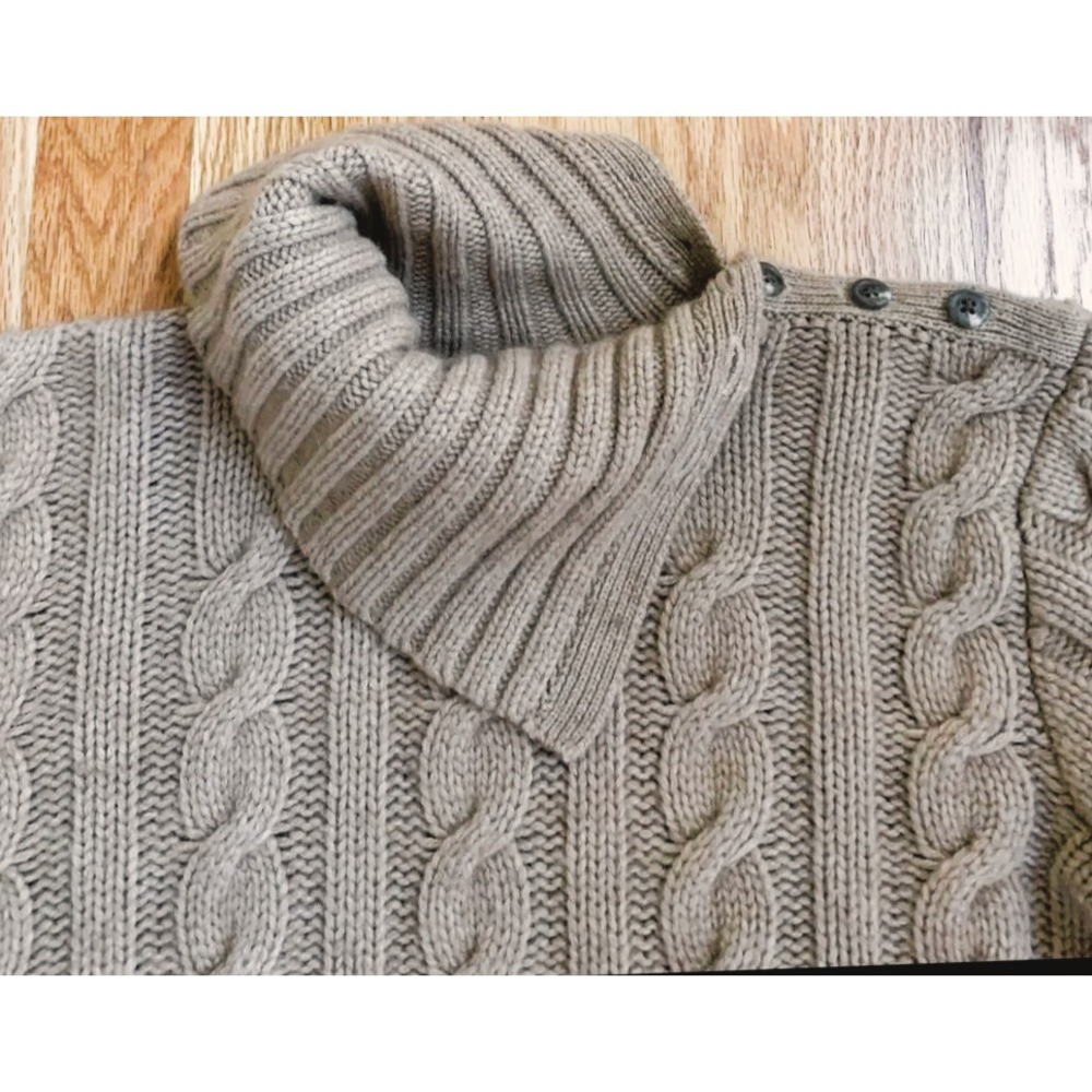 vtg Ralph Lauren Cable knit Sweater M Cashmere Tan Cowl neck button-shoulder y2k - Picture 4 of 10